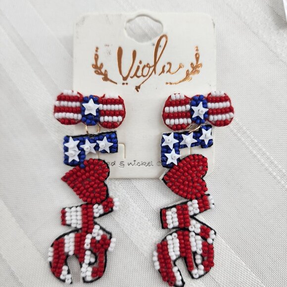 VIOLA Patriotic "Love" Seed Bead Pierced Earrings NWT - Picture 3 of 4